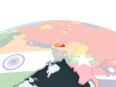 Bhutan katıştırılmış bayrak ile parlak siyasi dünya üzerinde. 3D çizim.