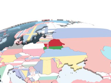 Beyaz Rusya katıştırılmış bayrak ile parlak siyasi dünya üzerinde. 3D çizim.