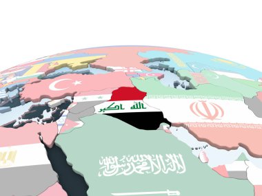 Irak katıştırılmış bayrak ile parlak siyasi dünya üzerinde. 3D çizim.