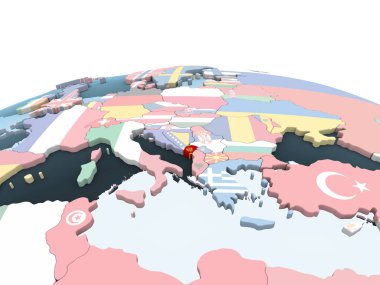 Karadağ katıştırılmış bayrak ile parlak siyasi dünya üzerinde. 3D çizim.