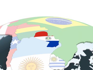 Paraguay katıştırılmış bayrak ile parlak siyasi dünya üzerinde. 3D çizim.