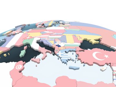 Kosova katıştırılmış bayrak ile parlak siyasi dünya üzerinde. 3D çizim.