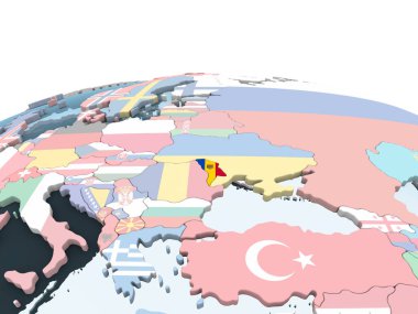 Moldova katıştırılmış bayrak ile parlak siyasi dünya üzerinde. 3D çizim.