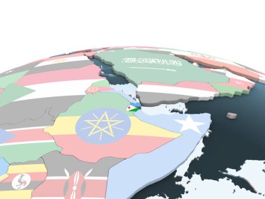 Cibuti katıştırılmış bayrak ile parlak siyasi dünya üzerinde. 3D çizim.