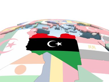 Libya katıştırılmış bayrak ile parlak siyasi dünya üzerinde. 3D çizim.