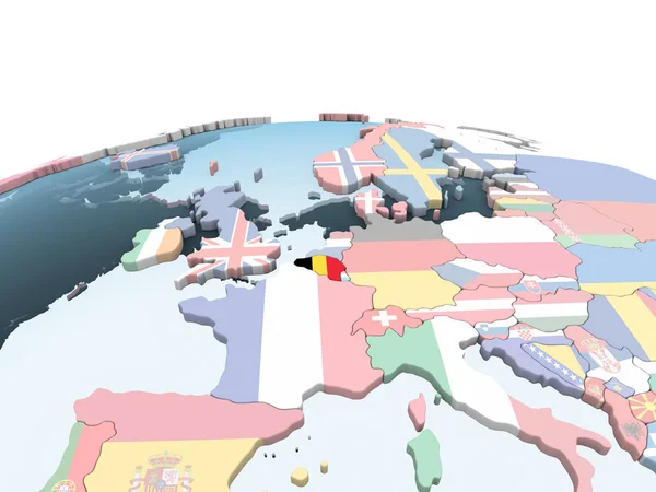 Belgia Kirkkaalla Poliittisella Maapallolla Johon Upotettu Lippu Kuva — kuvapankkivalokuva