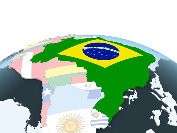 Brasilien Auf Einem Hellen Politischen Globus Mit Eingebetteter Flagge Illustration — Stockfoto