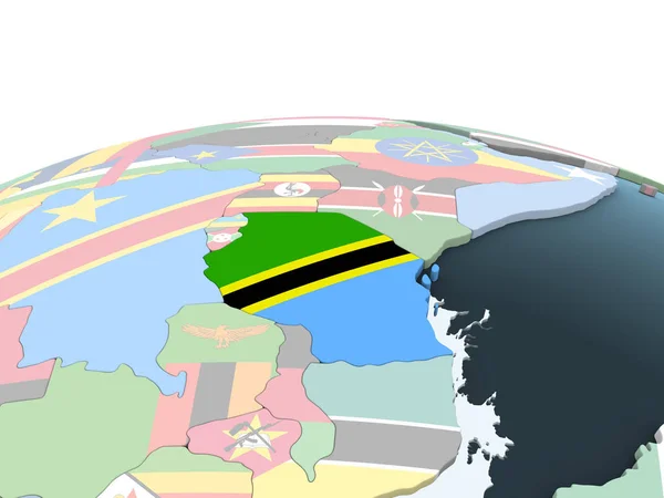 坦桑尼亚上嵌入旗帜的明亮政治地球仪 — 图库照片