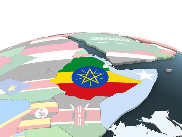 Etiopia Luminoso Globo Politico Con Bandiera Incorporata Illustrazione — Foto Stock