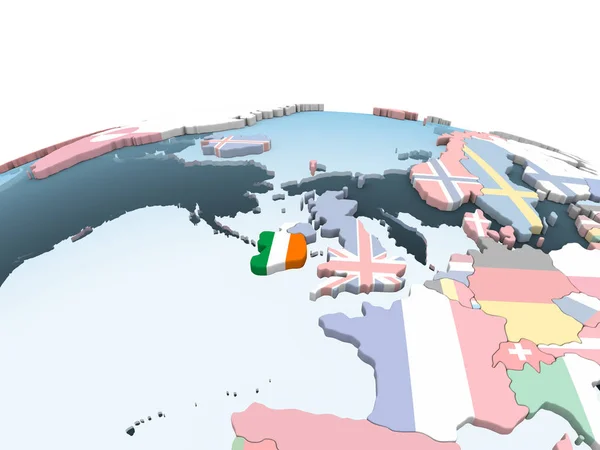 Ireland on bright political globe with embedded flag. 3D illustration.