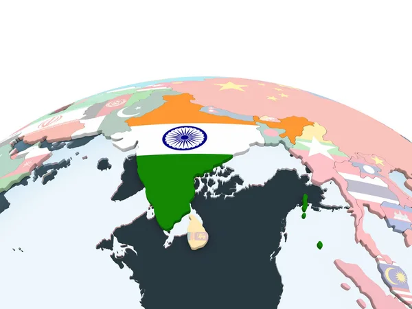 India Brillante Globo Político Con Bandera Incrustada Ilustración —  Fotos de Stock