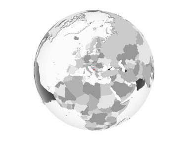 Karadağ kırmızı şeffaf okyanuslar ile gri siyasi dünya üzerinde vurgulanır. 3d illüstrasyon izole beyaz arka plan üzerinde.