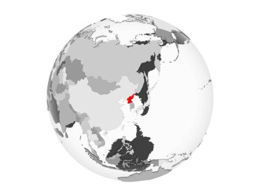 Kuzey Kore Kırmızı şeffaf okyanuslar ile gri siyasi dünya üzerinde vurgulanır. 3d illüstrasyon izole beyaz arka plan üzerinde.