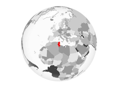 Tunus kırmızı şeffaf okyanuslar ile gri siyasi dünya üzerinde vurgulanır. 3d illüstrasyon izole beyaz arka plan üzerinde.