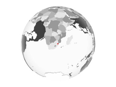 Svaziland kırmızı şeffaf okyanuslar ile gri siyasi dünya üzerinde vurgulanır. 3d illüstrasyon izole beyaz arka plan üzerinde.