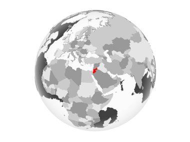 Jordan kırmızı şeffaf okyanuslar ile gri siyasi dünya üzerinde vurgulanır. 3d illüstrasyon izole beyaz arka plan üzerinde.