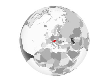 Avusturya kırmızı şeffaf okyanuslar ile gri siyasi dünya üzerinde vurgulanır. 3d illüstrasyon izole beyaz arka plan üzerinde.
