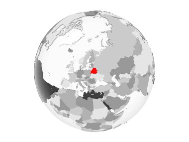 Beyaz Rusya kırmızı şeffaf okyanuslar ile gri siyasi dünya üzerinde vurgulanır. 3d illüstrasyon izole beyaz arka plan üzerinde.