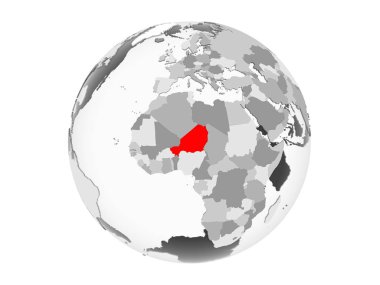 Nijer kırmızı şeffaf okyanuslar ile gri siyasi dünya üzerinde vurgulanır. 3d illüstrasyon izole beyaz arka plan üzerinde.