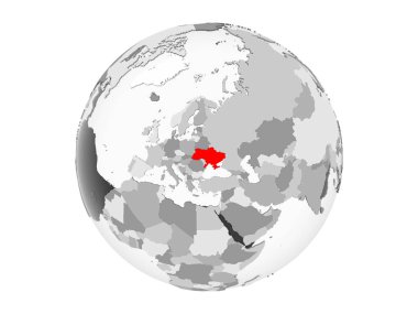 Ukrayna kırmızı şeffaf okyanuslar ile gri siyasi dünya üzerinde vurgulanır. 3d illüstrasyon izole beyaz arka plan üzerinde.
