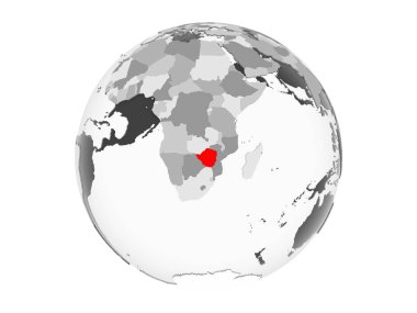 Zimbabve kırmızı şeffaf okyanuslar ile gri siyasi dünya üzerinde vurgulanır. 3d illüstrasyon izole beyaz arka plan üzerinde.