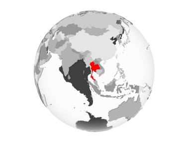 Tayland kırmızı şeffaf okyanuslar ile gri siyasi dünya üzerinde vurgulanır. 3d illüstrasyon izole beyaz arka plan üzerinde.