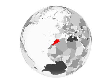 Fas kırmızı şeffaf okyanuslar ile gri siyasi dünya üzerinde vurgulanır. 3d illüstrasyon izole beyaz arka plan üzerinde.