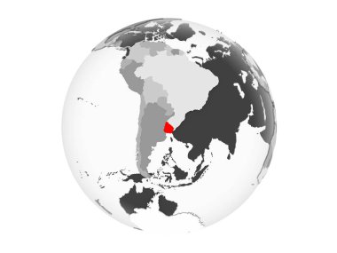 Uruguay kırmızı şeffaf okyanuslar ile gri siyasi dünya üzerinde vurgulanır. 3d illüstrasyon izole beyaz arka plan üzerinde.
