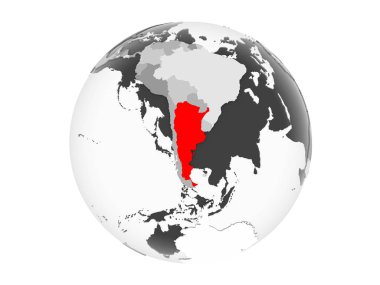 Arjantin kırmızı şeffaf okyanuslar ile gri siyasi dünya üzerinde vurgulanır. 3d illüstrasyon izole beyaz arka plan üzerinde.