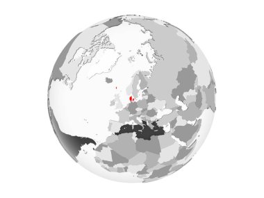 Danimarka kırmızı şeffaf okyanuslar ile gri siyasi dünya üzerinde vurgulanır. 3d illüstrasyon izole beyaz arka plan üzerinde.