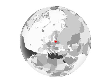 Litvanya kırmızı şeffaf okyanuslar ile gri siyasi dünya üzerinde vurgulanır. 3d illüstrasyon izole beyaz arka plan üzerinde.