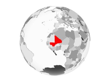 Mali kırmızı şeffaf okyanuslar ile gri siyasi dünya üzerinde vurgulanır. 3d illüstrasyon izole beyaz arka plan üzerinde.