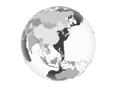 Tayvan kırmızı şeffaf okyanuslar ile gri siyasi dünya üzerinde vurgulanır. 3d illüstrasyon izole beyaz arka plan üzerinde.