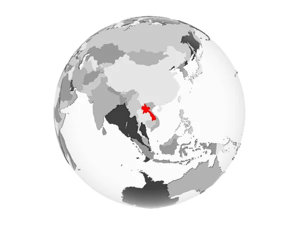 老挝以红色在灰色的政治地球上突出显示了透明的海洋 在白色背景上隔离的插图 — 图库照片