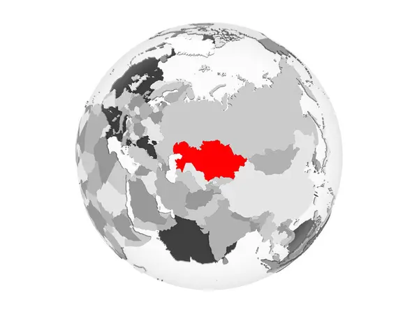 Kazahsztán Pirossal Szürke Politikai Földgömb Átlátható Óceánok Illusztráció Elszigetelt Fehér — Stock Fotó