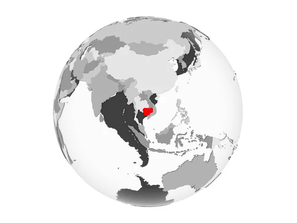 Kambodža Zvýrazněny Červeně Šedé Politické Globe Transparentní Oceány Ilustrace Izolované — Stock fotografie