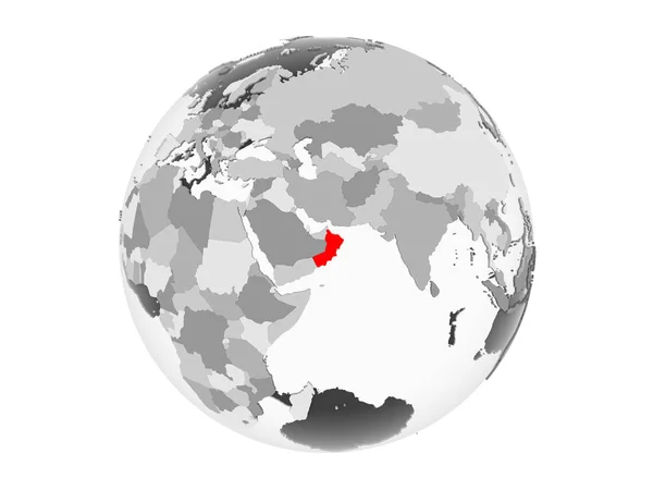 Oman Evidenziato Rosso Sul Globo Politico Grigio Con Oceani Trasparenti — Foto Stock