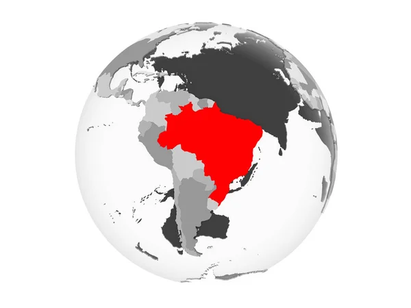 巴西以红色在灰色的政治地球上突出显示了透明的海洋 在白色背景上隔离的插图 — 图库照片