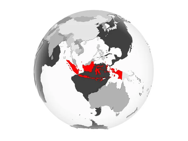 Indonesië Gemarkeerd Het Rood Grijs Politieke Wereldbol Met Transparante Oceanen — Stockfoto