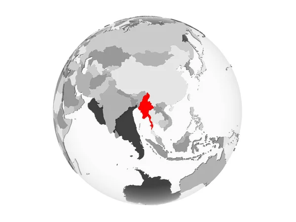 Myanmar Highlighted Red Grey Political Globe Transparent Oceans Illustration Isolated — Stock Photo, Image