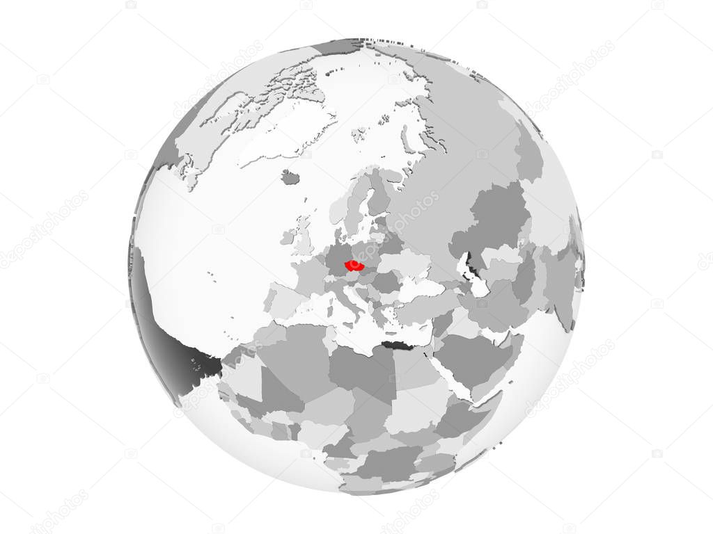 Czech republic highlighted in red on grey political globe with transparent oceans. 3D illustration isolated on white background.