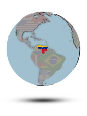 Venezuela ile ulusal bayrak beyaz arka plan üzerinde izole gölge ile siyasi dünya üzerinde. 3D çizim.