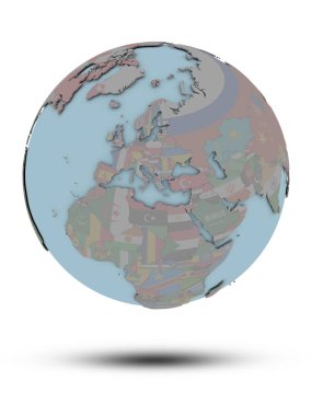 Kosova ile ulusal bayrak beyaz arka plan üzerinde izole gölge ile siyasi dünya üzerinde. 3D çizim.