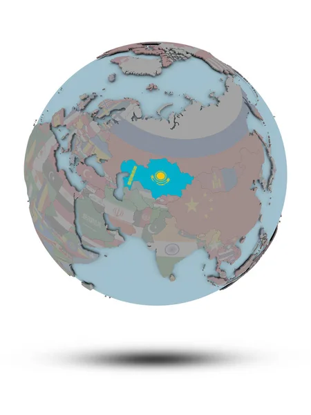 Kasachstan Mit Nationalflagge Auf Politischem Globus Mit Schatten Auf Weißem — Stockfoto