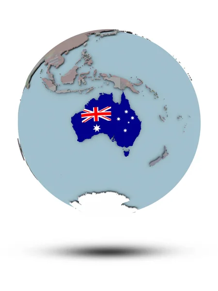 Ausztrália Nemzeti Zászló Politikai Földgömb Árnyék Elszigetelt Fehér Background Illusztráció — Stock Fotó