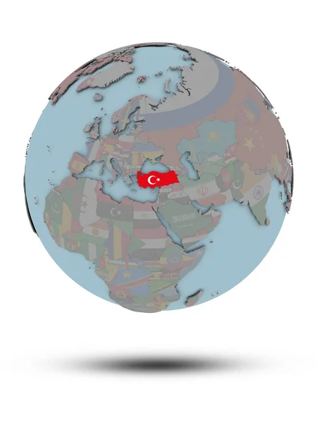 Turquie Avec Drapeau National Sur Globe Politique Avec Ombre Isolée — Photo