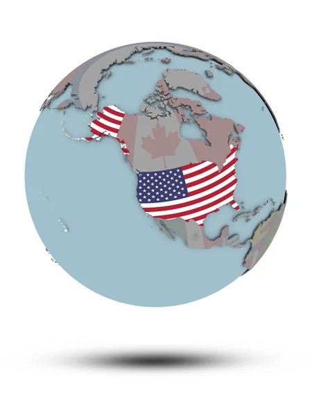 Usa Mit Nationalflagge Auf Politischem Globus Mit Schatten Auf Weißem — Stockfoto