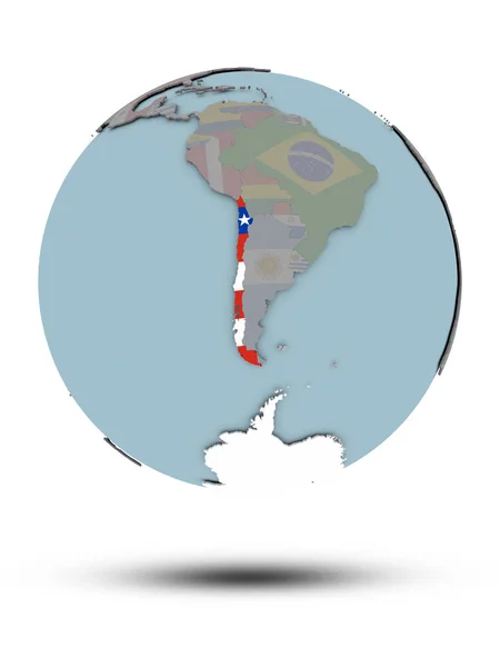 Chilei Nemzeti Zászló Politikai Földgömb Árnyék Elszigetelt Fehér Background Illusztráció — Stock Fotó