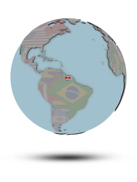 Suriname Mit Nationalflagge Auf Politischem Globus Mit Schatten Auf Weißem — Stockfoto