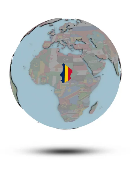 Chad Mit Nationalflagge Auf Politischem Globus Mit Schatten Auf Weißem — Stockfoto